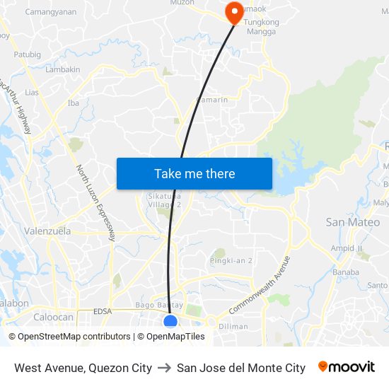West Avenue, Quezon City to San Jose del Monte City map
