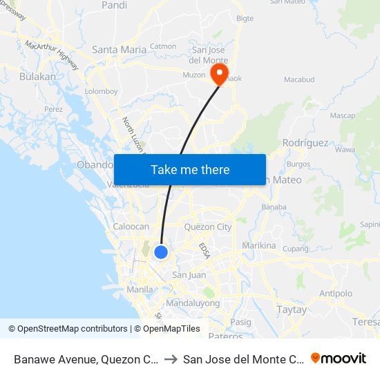 Banawe Avenue, Quezon City to San Jose del Monte City map