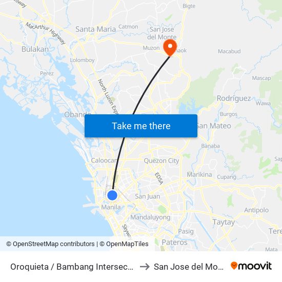 Oroquieta / Bambang Intersection, Manila to San Jose del Monte City map