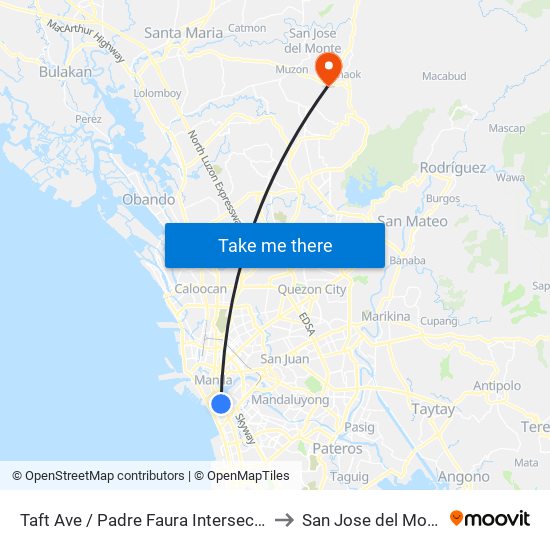 Taft Ave / Padre Faura Intersection, Manila to San Jose del Monte City map