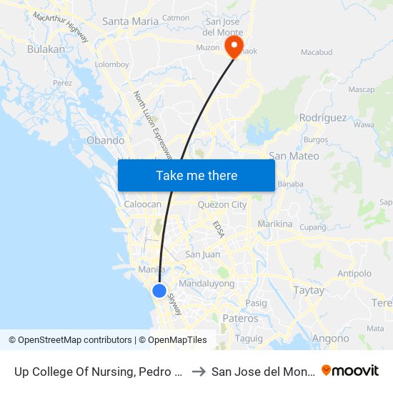 Up College Of Nursing, Pedro Gil, Manila to San Jose del Monte City map