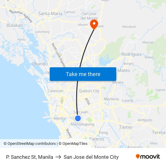 P. Sanchez St, Manila to San Jose del Monte City map