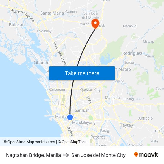 Nagtahan Bridge, Manila to San Jose del Monte City map