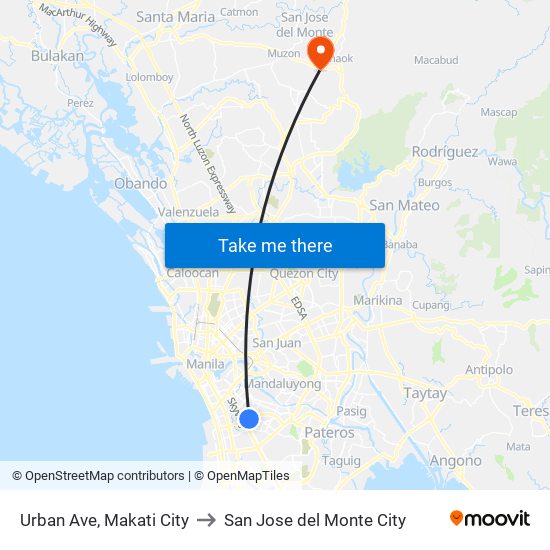 Urban Ave, Makati City to San Jose del Monte City map