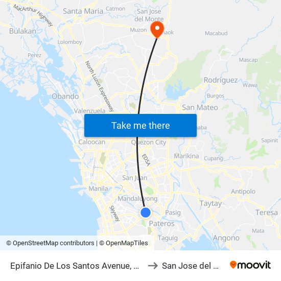 Epifanio De Los Santos Avenue, Makati City, Manila to San Jose del Monte City map