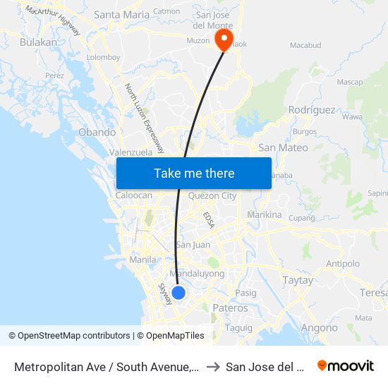 Metropolitan Ave / South Avenue, Makati City, Manila to San Jose del Monte City map