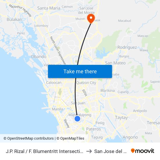 J.P. Rizal / F. Blumentritt Intersection, Mandaluyong City to San Jose del Monte City map
