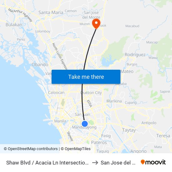 Shaw Blvd / Acacia Ln Intersection, Mandaluyong City to San Jose del Monte City map