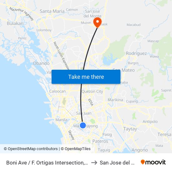 Boni Ave / F. Ortigas Intersection, Mandaluyong City to San Jose del Monte City map