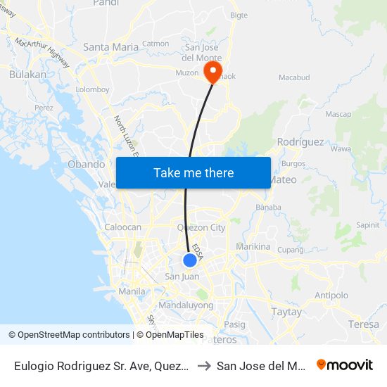 Eulogio Rodriguez Sr. Ave, Quezon City, Manila to San Jose del Monte City map