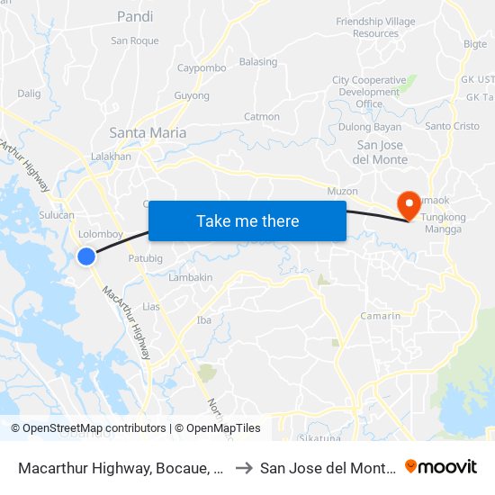 Macarthur Highway, Bocaue, Bulacan to San Jose del Monte City map