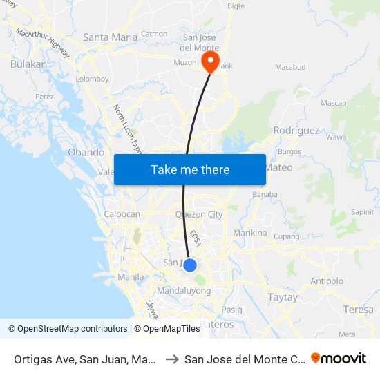 Ortigas Ave, San Juan, Manila to San Jose del Monte City map