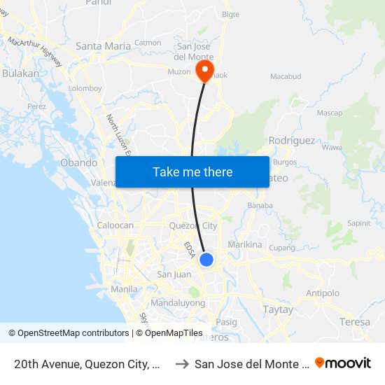 20th Avenue, Quezon City, Manila to San Jose del Monte City map