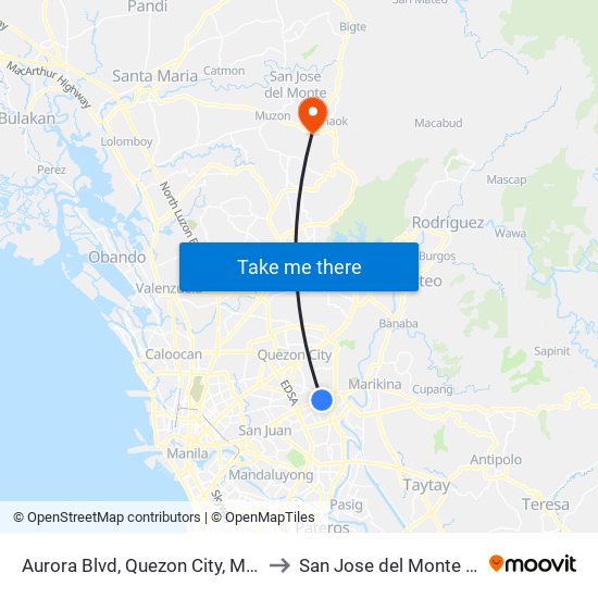Aurora Blvd, Quezon City, Manila to San Jose del Monte City map