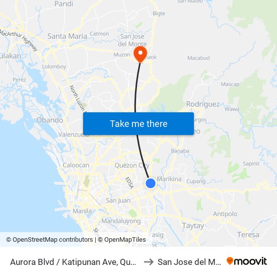 Aurora Blvd / Katipunan Ave, Quezon City, Manila to San Jose del Monte City map