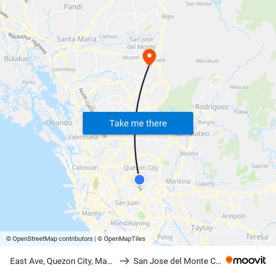 East Ave, Quezon City, Manila to San Jose del Monte City map