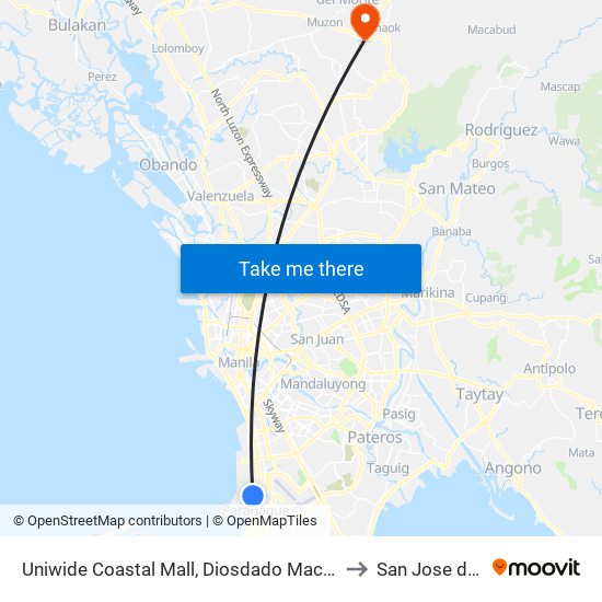 Uniwide Coastal Mall, Diosdado Macapagal Blvd, Parañaque City, Manila to San Jose del Monte City map