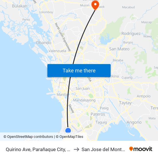 Quirino Ave, Parañaque City, Manila to San Jose del Monte City map