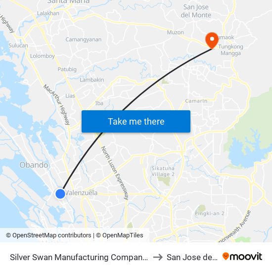 Silver Swan Manufacturing Company, M. D Del Pilar, Malabon City to San Jose del Monte City map