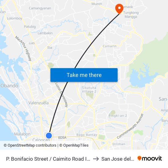 P. Bonifacio Street / Caimito Road Intersection,  Malabon City to San Jose del Monte City map