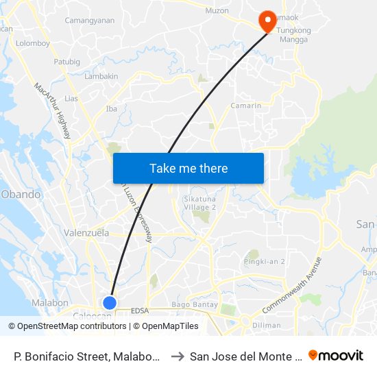 P. Bonifacio Street,  Malabon City to San Jose del Monte City map