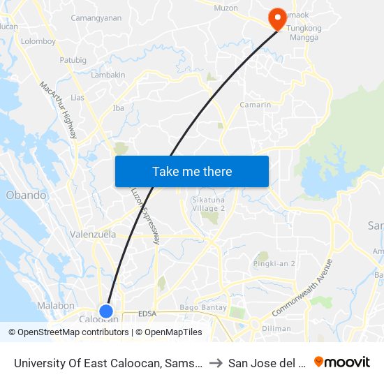 University Of East Caloocan, Samson Road, Caloocan City to San Jose del Monte City map