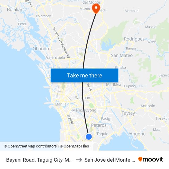 Bayani Road, Taguig City, Manila to San Jose del Monte City map