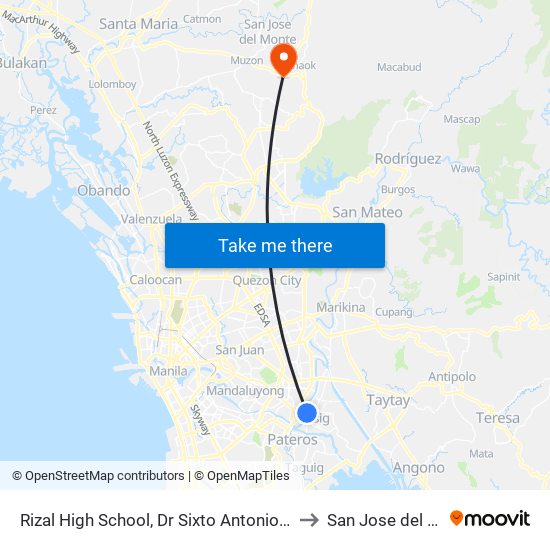 Rizal High School, Dr Sixto Antonio Ave, Pasig City, Manila to San Jose del Monte City map