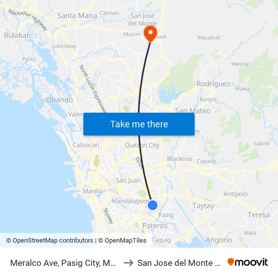 Meralco Ave, Pasig City, Manila to San Jose del Monte City map