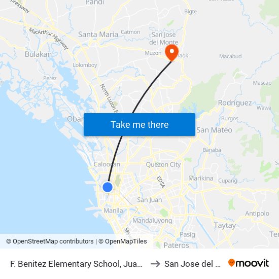 F. Benitez Elementary School, Juan Luma, Caloocan City to San Jose del Monte City map