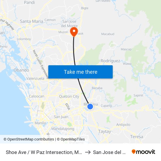 Shoe Ave / W Paz Intersection, Marikina City, Manila to San Jose del Monte City map