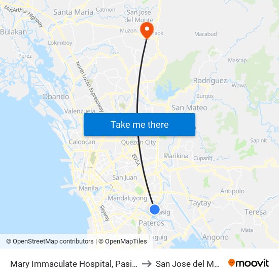 Mary Immaculate Hospital, Pasig City, Manila to San Jose del Monte City map