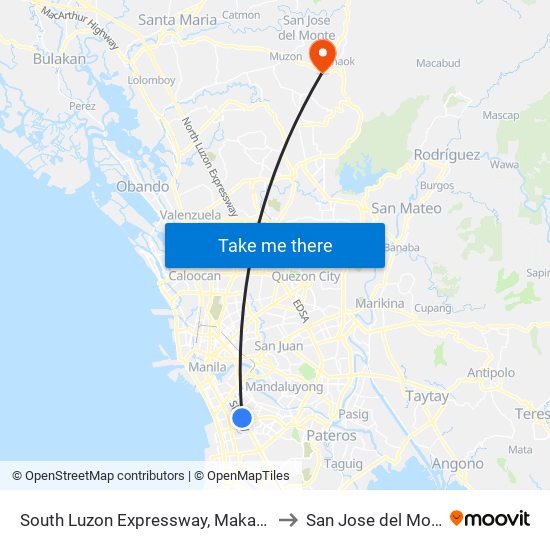 South Luzon Expressway, Makati City, Manila to San Jose del Monte City map