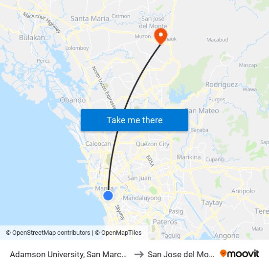 Adamson University, San Marcelino, Manila to San Jose del Monte City map