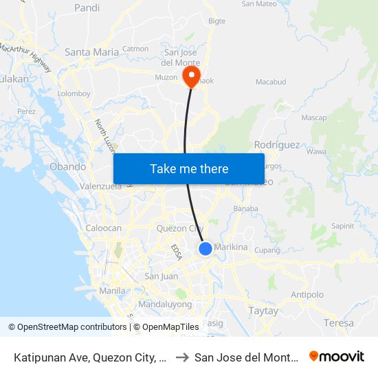 Katipunan Ave, Quezon City, Manila to San Jose del Monte City map