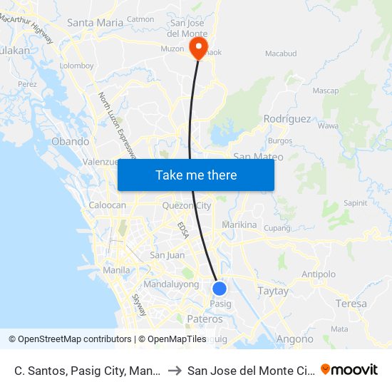 C. Santos, Pasig City, Manila to San Jose del Monte City map