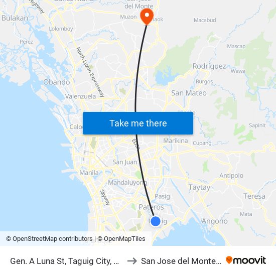 Gen. A Luna St, Taguig City, Manila to San Jose del Monte City map