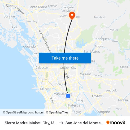 Sierra Madre, Makati City, Manila to San Jose del Monte City map