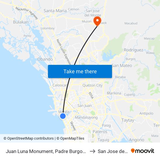 Juan Luna Monument, Padre Burgos St / General Luna St, Manila to San Jose del Monte City map