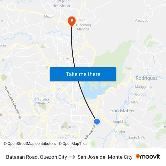 Batasan Road, Quezon City to San Jose del Monte City map