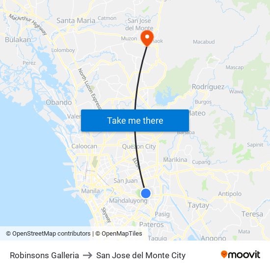 Robinsons Galleria to San Jose del Monte City map