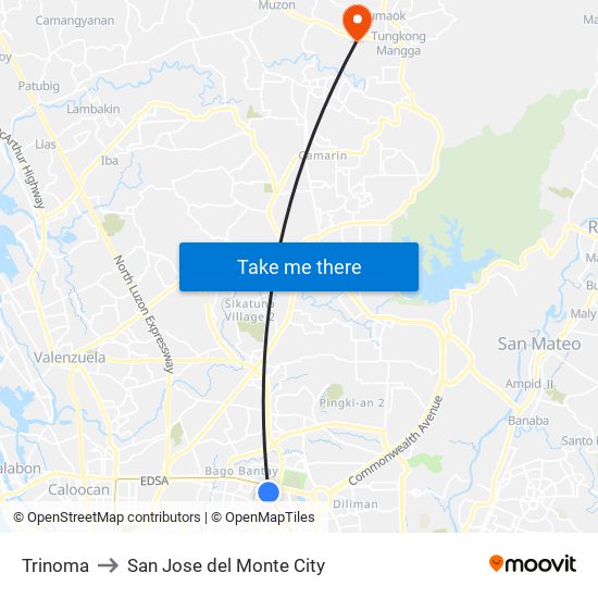 Trinoma to San Jose del Monte City map