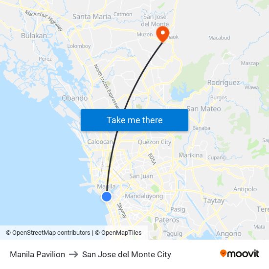 Manila Pavilion to San Jose del Monte City map