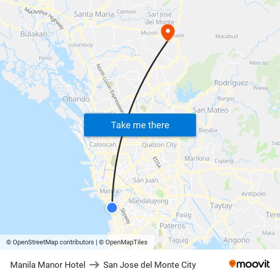 Manila Manor Hotel to San Jose del Monte City map