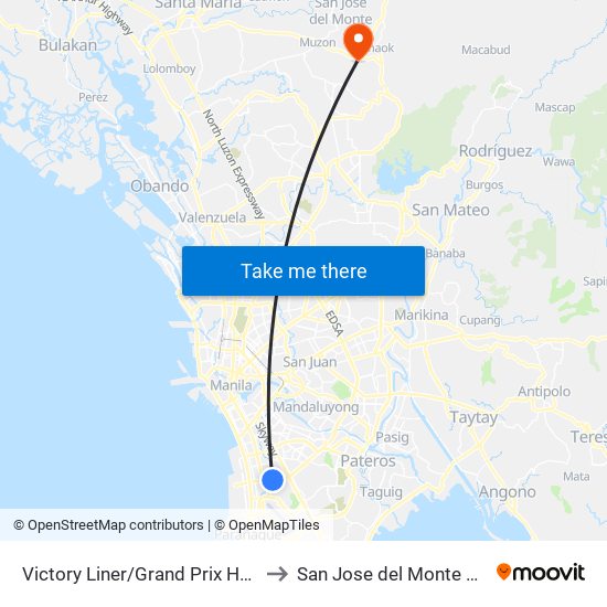 Victory Liner/Grand Prix Hotel to San Jose del Monte City map