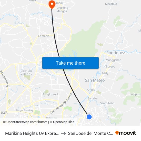 Marikina Heights Uv Express to San Jose del Monte City map