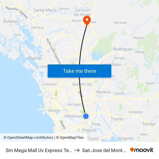 Sm Mega Mall Uv Express Terminal to San Jose del Monte City map