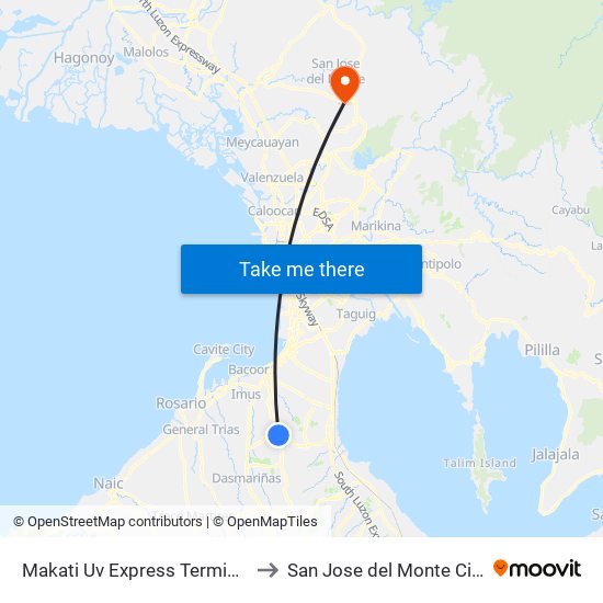 Makati Uv Express Terminal to San Jose del Monte City map