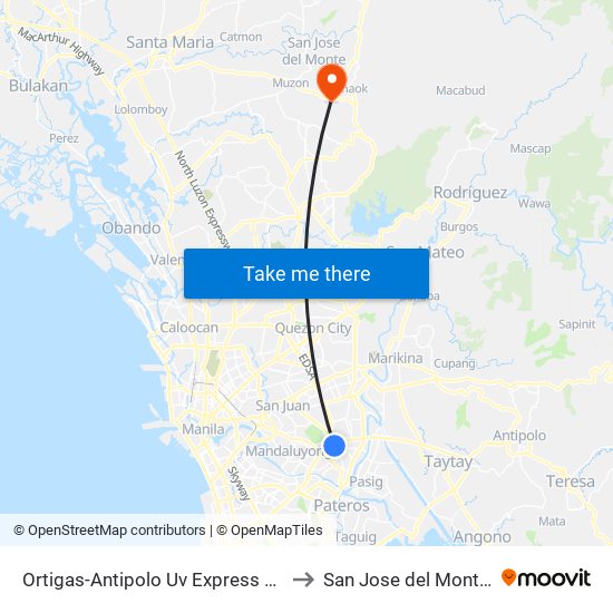 Ortigas-Antipolo Uv Express Terminal to San Jose del Monte City map