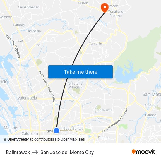 Balintawak to San Jose del Monte City map
